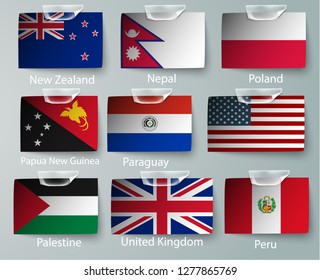 realistic set of flags of paper of countries with tapes ripped