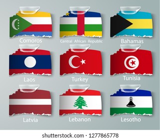 realistic set of flags of paper of countries with tapes ripped