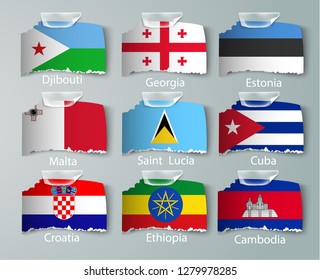 realistic set of flags of paper of countries with tapes ripped