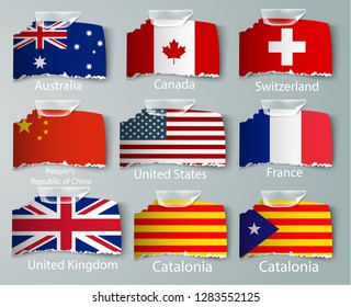 realistic set of flags of paper of countries with tapes ripped
