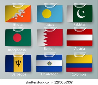 realistic set of flags of paper of countries with tapes ripped