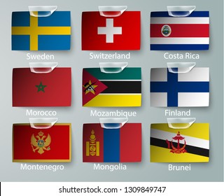 realistic set of flags of paper of countries with tapes ripped
