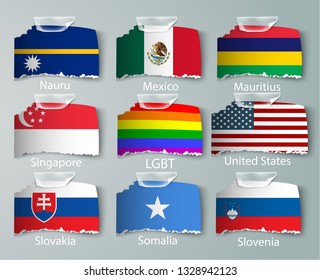 realistic set of flags of paper of countries with tapes ripped