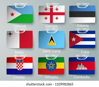 realistic set of flags of paper of countries with tapes ripped