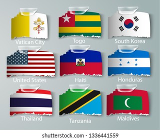 realistic set of flags of paper of countries with tapes ripped