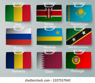 realistic set of flags of paper of countries with tapes ripped