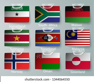 realistic set of flags of paper of countries with tapes ripped