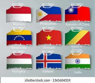 realistic set of flags of paper of countries with tapes ripped