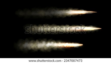 Realistic set of flying bullets with smoke trace isolated on black background. Vector illustration of gunshot trail, fired ammunition in motion, firearm projectiles moving fast, war shooting attack