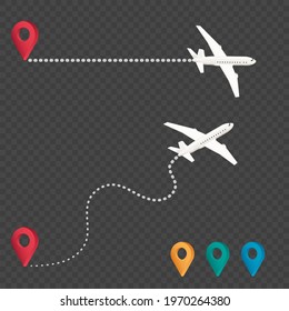 Realistic set flying plane and mark of geolocation isolated on transparent background. Tourist service and transfer. Booking and sale of air tickets. On-line tracking. Vector illustration