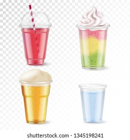 Realistic set of four disposable plastic glasses with various beverages isolated on transparent background vector illustration