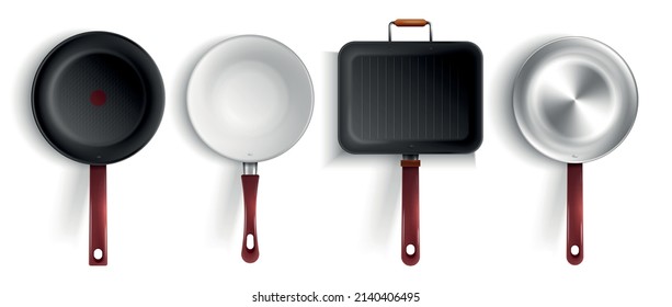 Realistic set of four non stick stainless steel ceramic coating grill frying pans isolated on white background vector illustration