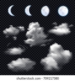 Realistic set of four phases of moon and different cloud shapes on transparent background isolated vector illustration 