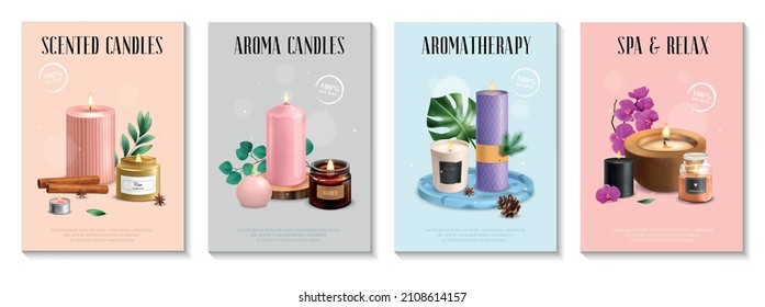 Realistic set of four posters with scented candles for spa relaxation aromatherapy home decoration isolated vector illustration