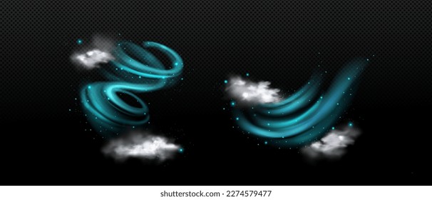 Conjunto realista de torbellinos de aire fresco aislados en un fondo transparente. Ilustración vectorial del viento fresco con nubes de vapor y partículas espumosas. Ola o flujo espiral de energía mágica, efecto tornado