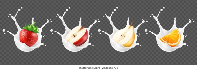 Realistic set of fruits and berries with milk or yoghurt splash. Strawberry, apple, pear and orange inside white liquid splash on dark transparent background.