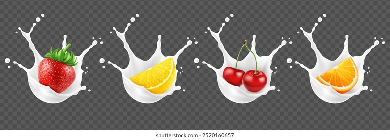 Realistic set of fruits with milk or yogurt splash. Strawberry, lemon, cherry, orange fruit.