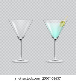 Realistic set of full and empty transparent cocktail glasses isolated on transparent background. Cocktail with wood stick and olive. Vector 3D design elements.