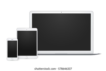 Realistic set of gadgets, open laptop, phone template and pad mock up with blank screen. vector quality illustration.