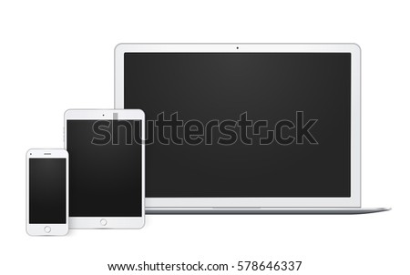 Realistic set of gadgets, open laptop, phone template and pad mock up with blank screen. vector quality illustration.