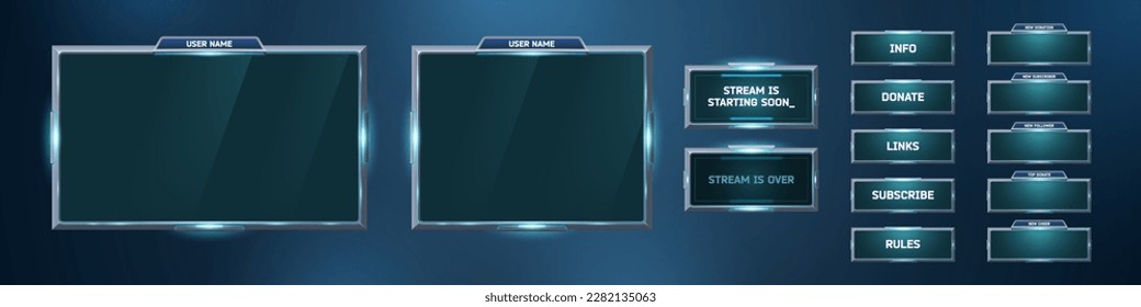 Realistic set of game stream interface frames isolated on background. Vector illustration of ui overlay info boxes, panel buttons. Futuristic leaderboard window, stream start, end. 3D Illustration