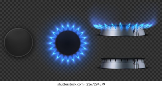 Realistic Set Of Gas Burners Side, Top View. Propane Butane Blue Flame In Cooking Oven. Turned Off Burner. Burning.