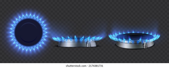 Realistic Set Of Gas Burners Side, Top, And Perspective View. Propane Butane Blue Flame In Cooking Oven.