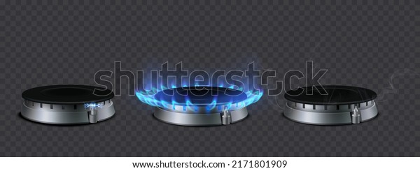 Realistic set of gas burners side view. Turned off\
burner. Burning. Electric ignition Propane butane blue flame in\
cooking oven