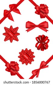 Realistic set gift bow red color with ribbon. Decoration for competition or achievement congratulation, decorative and festive design. Stock vector illustration on white isolated background. 