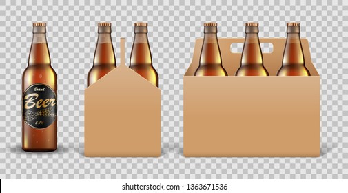 Realistic set of glass Beer bottle in packaging box on transparent background. Beer template Mockup for Pub or Bar Branding design. Vector illustration.