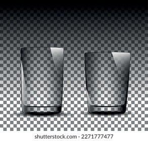 Conjunto realista de vasos vacíos de vidrio, diferentes tamaños sobre un fondo transparente. Tercer cristalería para café, té, zumo y bebida en bar. Montaje de gafas de doble pared para diseño, restaurante, cafetería