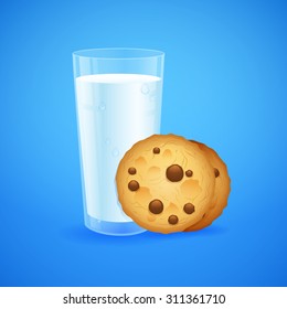 Realistic set of glass of milk and baked oatmeal cookies with chocolate chip isolated on blue background