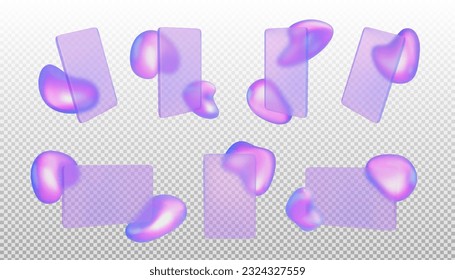 Realistic set of glassmorphism rectangles with abstract holographic design elements on transparent background. Vector illustration of vertical, horizontal, front, side view blurred phone screen, card