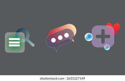 Realistic set of glassmorphism ui icons for website or mobile app vector location chat contact socia Free Vector 1.eps