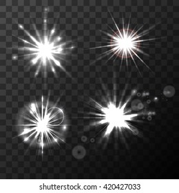 Realistic set of glowing lights effects isolated on transparent background. Special effects with transparency. Glowing lights, lens flares, rays, stars, sparkles and bokeh collection. Vector