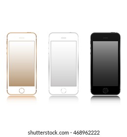 Realistic set of gold, silver and black smartphone color phone style mockup isolated on white background.  For web element and application mockup