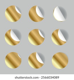 Realistic set of gold stickers in the shape of a circle with a curved corner. Collection of vector metallic layouts of round paper adhesive stickers.