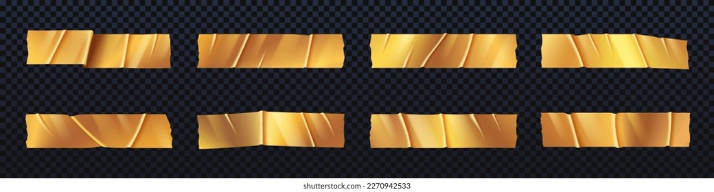 Realistic set of golden adhesive tape pieces isolated on transparent background. Vector illustration of shiny yellow sticky stripes with uneven edges and wrinkled surface. Foil or paper scotch masking