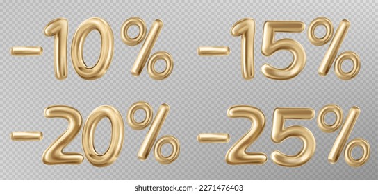 Realistic set of golden air balloon discount figures isolated on transparent background. Vector illustration of minus 10, 15, 20, 25 percent price, holiday sale offer, promo campaign design elements