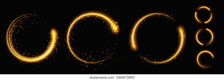 Realistic set of golden light circles sparking on black transparent background. Vector illustration of magic power effect, fairy trail, glitter dust swirl, shiny avatar frame. Festive design elements