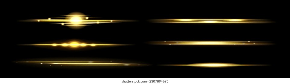 Realistic set of golden light lines isolated on transparent background. Vector illustration of yellow LED lamp shine, shimmering sunrise flash on horizon, magic energy effect, sunshine divider