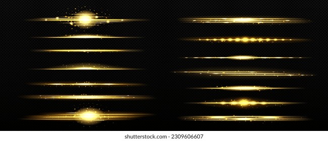 Realistic set of golden light lines isolated on transparent background. Vector illustration of yellow LED lamp shine, shimmering sunrise flash on horizon, magic energy effect, sunshine divider