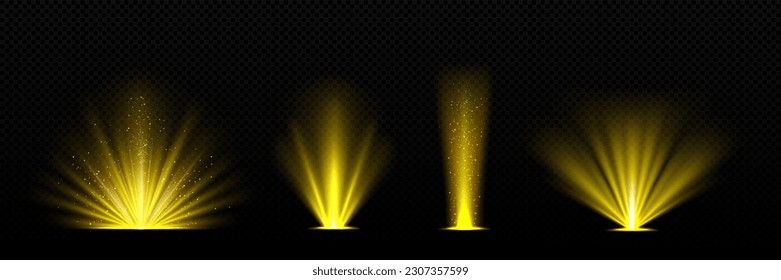 Realistic set of golden light shine isolated on transparent background. Vector illustration of yellow flash with shimmering glitter particles. Magic energy, explosion bokeh effect, sunshine rays