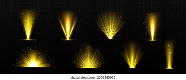 Realistic set of golden light shine isolated on transparent background. Vector illustration of yellow flash with shimmering glitter particles. Magic energy, explosion bokeh effect, sunshine rays