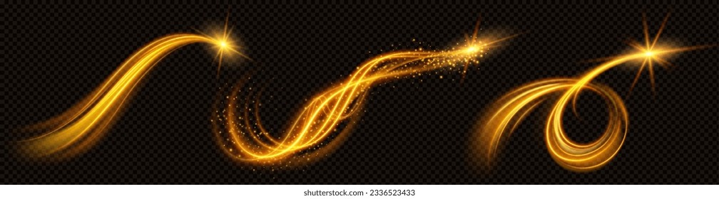 Realistic set of golden light vortex effects isolated on transparent background. Vector illustration of luminous yellow lines, shiny glitter particles, magic wand twirl, glowing Christmas decoration