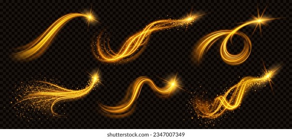 Realistic set of golden light vortex effects isolated on transparent background. Vector illustration of luminous yellow lines, shiny glitter particles, magic wand twirl, glowing Christmas decoration