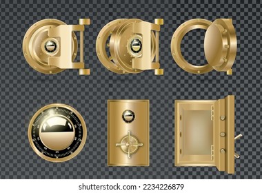 Realistic set of golden metal bank vault doors isolated on transparent background vector illustration