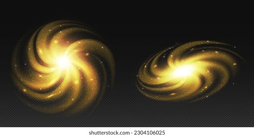 Realistic set of golden nebula top and side view isolated on transparent background. Vector illustration of yellow sparkling light disc, magic power swirl, space galaxy object, fantastic space tunnel