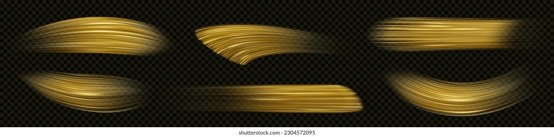 Conjunto realista de pinturas doradas pincel trazos aislados sobre fondo transparente. Ilustración vectorial de muestras de color brillantes en la superficie negra, textura de salpicadura, trazas de línea onduladas y rectas. Arte de lujo