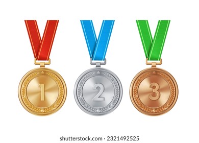 Realistic set of golden, silver, and bronze medals on colorful ribbons. Sports competition awards for 1st, 2nd, and 3rd place. Championship rewards for achievements and victories.